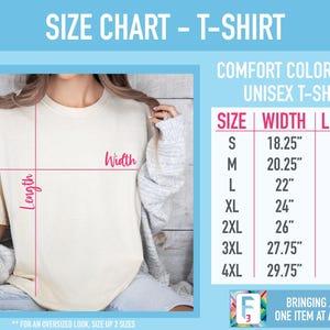 Puede incluir: Tabla de tallas para una camiseta unisex con medidas en pulgadas. La tabla muestra el ancho y la longitud de la camiseta en las tallas S, M, L, XL, 2XL, 3XL y 4XL. Tambi&eacute;n se puede ver el texto "Comfort Colors 1717".