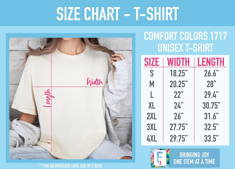 Puede incluir: Tabla de tallas para una camiseta unisex con medidas en pulgadas. La tabla muestra el ancho y la longitud de la camiseta en las tallas S, M, L, XL, 2XL, 3XL y 4XL. Tambi&eacute;n se puede ver el texto "Comfort Colors 1717".