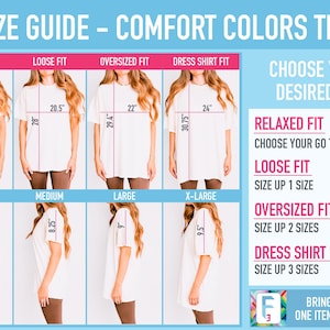 以下が含まれることがあります： Comfort Colors Tシャツのサイズガイド。リラックス、ルーズ、オーバーサイズ、ドレスシャツの4つのフィットスタイルを紹介。各フィットの幅、丈、袖丈をインチ単位で示した正面図と側面図が記載されています。