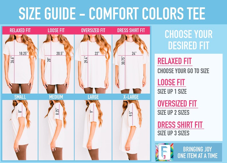 以下が含まれることがあります： Comfort Colors Tシャツのサイズガイド。リラックス、ルーズ、オーバーサイズ、ドレスシャツの4つのフィットスタイルを紹介。各フィットの幅、丈、袖丈をインチ単位で示した正面図と側面図が記載されています。