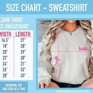 May include: Size chart for a Gildan 18000 unisex sweatshirt. The chart shows the width and length measurements in inches for sizes XS to 3XL. The chart also includes a photo of a person wearing a white sweatshirt with the words "Width" and "Length" written on it.