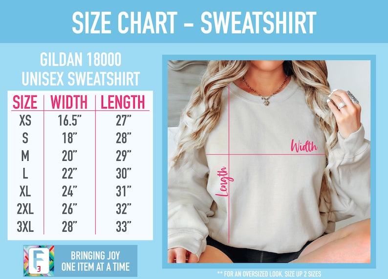 May include: Size chart for a Gildan 18000 unisex sweatshirt. The chart shows the width and length measurements in inches for sizes XS to 3XL. The chart also includes a photo of a person wearing a white sweatshirt with the words "Width" and "Length" written on it.