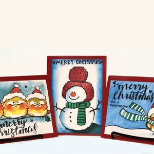 Ensemble de 3 cartes de vœux de Noël | peinture à l’aquarelle faite à la main | Mignons oiseaux Bonhomme de neige Paquet de cartes de vœux du Nouvel An avec enveloppes