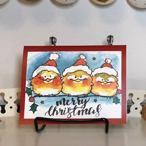 Carte de vœux de Noël faite à la main, peinture à l’aquarelle trois oiseaux mignons, carte-cadeau de vœux de noël