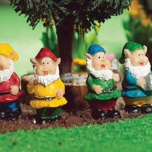May include: Four miniature garden gnomes with different coloured hats and outfits. The gnomes are holding gardening tools and are standing on a green grassy surface.