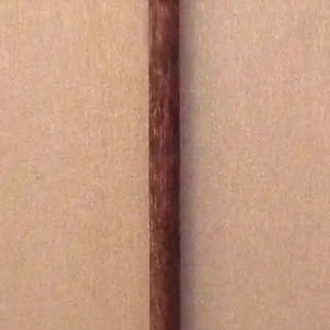 May include: A brown wooden walking stick with a silver metal top and three silver metal rings. The rings have a decorative pattern of small circles.