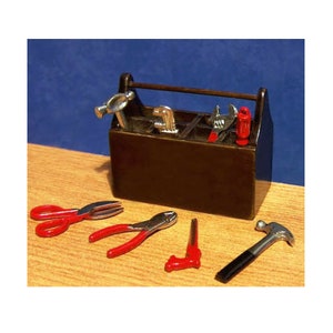 1/12 dolls house Miniature Tools Set & Wood Toolbox Hammer Pliers Etc Shed wooden Tool box