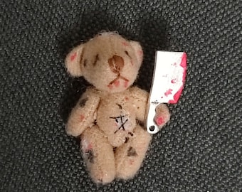 1/12 scale Horror Terror Teddy bear with meat cleaver moving joints Miniature dolls house Halloween scary Teddies soft toy Zombie