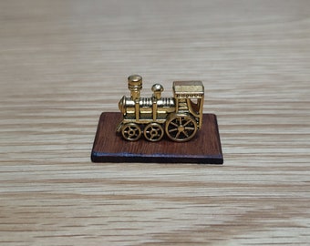 1/12 dolls house miniature Gold Train Locomotive Engine on wood Stand Ornament Loco train spotter collector Card making dioramas Book nook