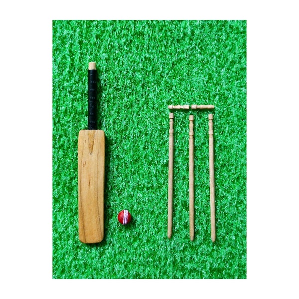 1/12 Dolls House miniature handmade Full Cricket Set Bat Wickets Stumps Ball Cricketer sport