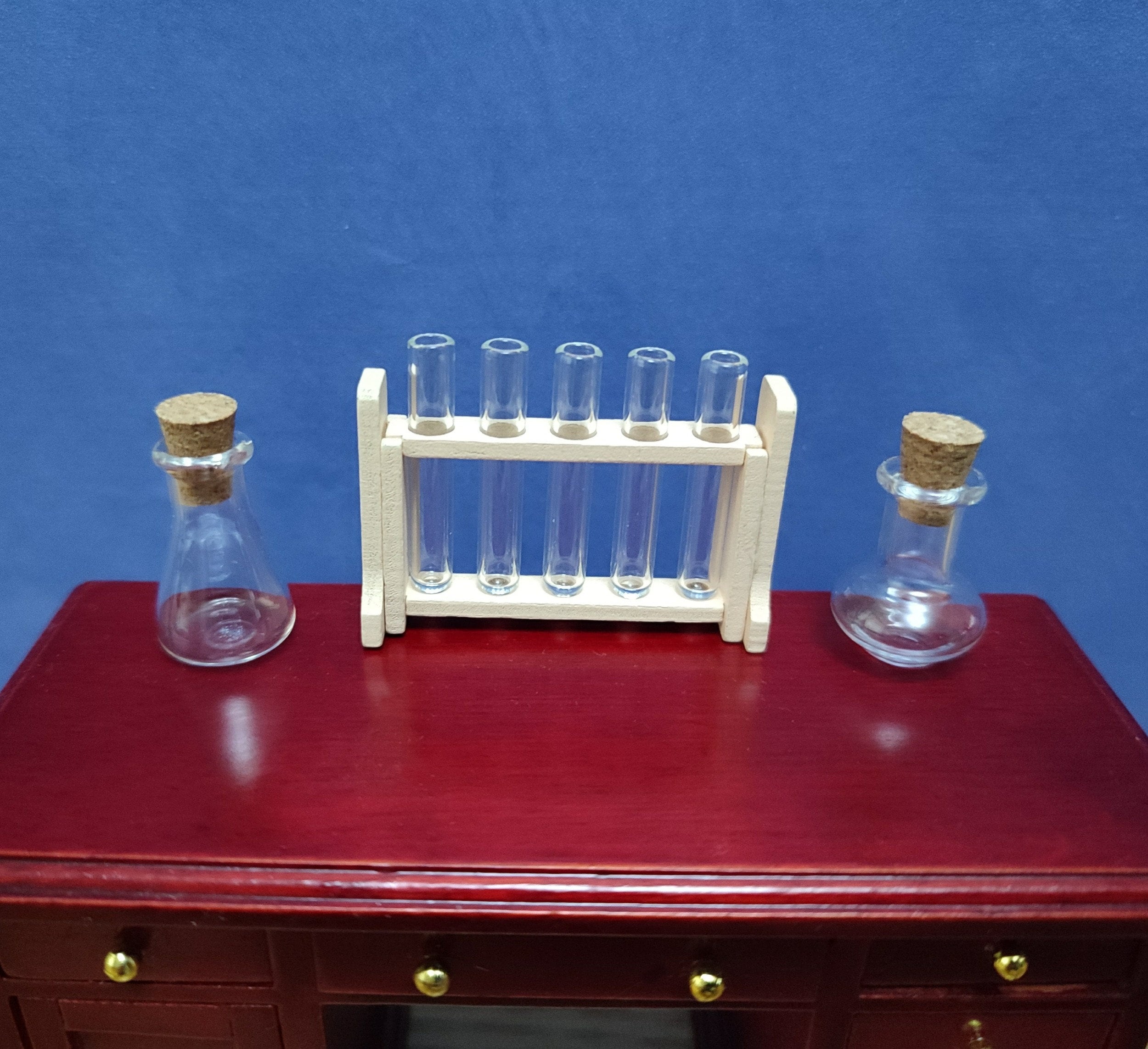 Mini Science House 1/12 Dolls House Miniature Science Set Test Tubes Rack 2 Glass Flasks ...