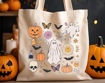 Halloween Doodle Tote Bag, Trick or Treat Totes, Halloween Bags, Spooky Season, Fall Canvas Tote