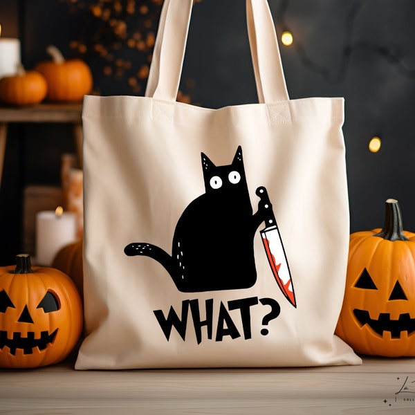 What Black Cat Tote Bag, Funny Black Cat Totes, Murderous Cat Bags, Halloween Bags