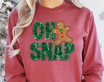 Sparkly Christmas Long Sleeve, Oh Snap Gingerbread T-Shirts, Comfort Colors Holidays Gifts, Glitter Christmas Cookie Long Sleeve