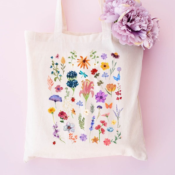 Wildflower Tote Bag, Vintage Pressed Wildflowers Tote Bag, Aesthetic Tote Bag, Floral Gift For Her, Floral Tote Bag