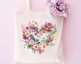 Floral Heart Tote Bag, Wildflower Tote Bag, Bachelorette Totes, Birthday Gift Bag, Flower Tote Bag, Shoulder Bags