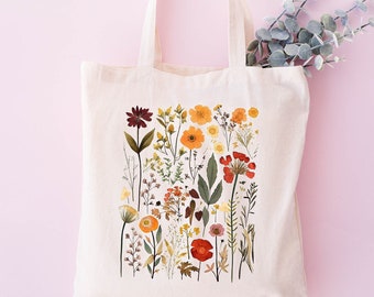 Vintage Pressed Wildflower Tote Bag, Floral Tote Bag, Gift For Women Totes, Birthday Gift Bag