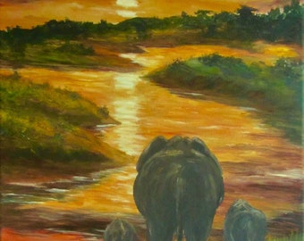 Elephants at sunset, acrylics, painting, Africa, landscape, mother, original artwork, animal, fathers day