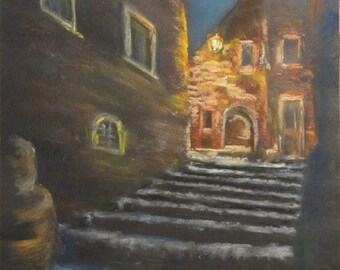 Pastel drawing, night time, landscape, street scene, cityscape, Tivoli