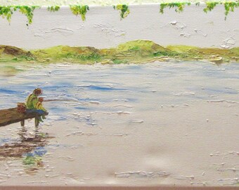 Gone fishing with dad, oil painting, lake, mountains, trees, father and son, fishing, angling, landscape, ready to hang, panorama