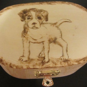 Wooden trinket box or jewellery box with puppy design