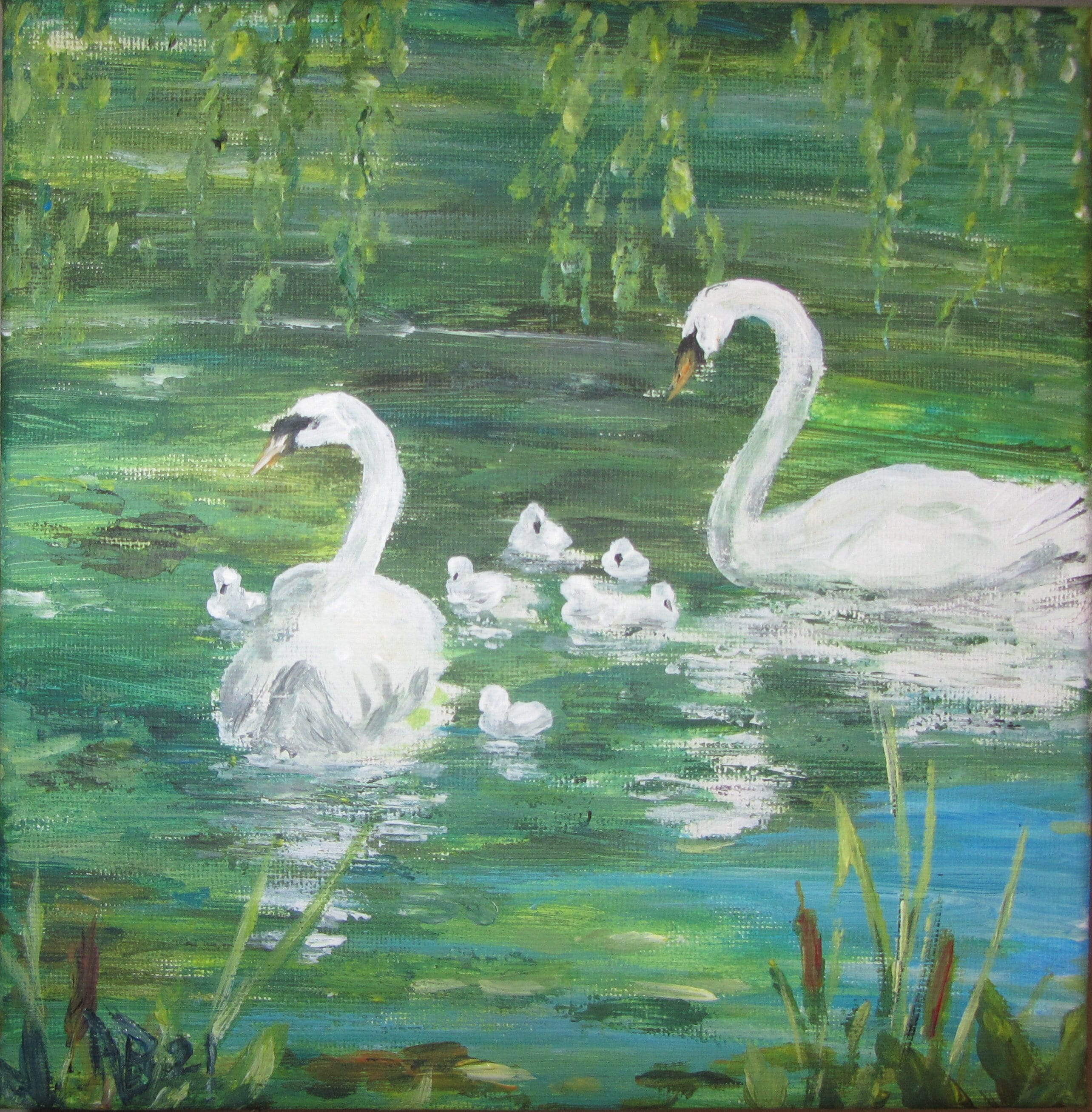 swans cygnets gift eternal love lake acrylic painting on stretched canvas ready to hang