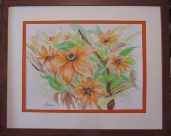 Pastel drawing of Rudbeckia flowers, daisies, framed, ready to hang