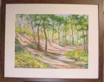 Landscape, watercolour, walking through Ruff Woods in Ormskirk, trees, Lancashire, quarry, mounted and framed