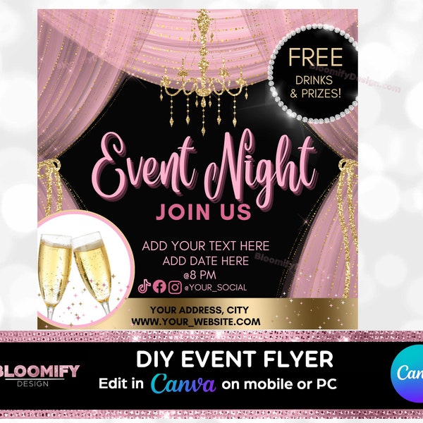 Event Night or GRAND OPENING Flyer, Product Launch Party New Fashion Boutique, Elegant Business Invitation, Pink GOLD Announcement