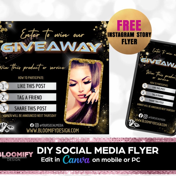 GIVEAWAY TEMPLATE Flyer, DIY Social Media Flyer, Contest Event, Beauty Flyer, Sale Flyer, Gold and Silver Glitter Giveaway Canva Template