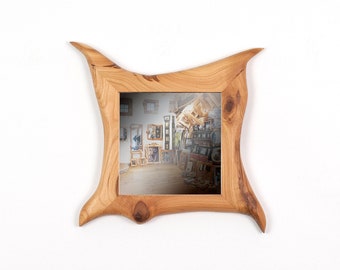 Witch mirror, square wall mirror, in handmade wooden frame made of cherry 15 x 15 cm, unique