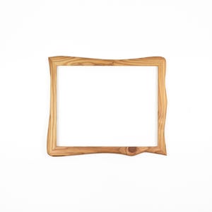 May include: A rectangular wooden picture frame featuring a natural light brown finish with visible wood grain patterns. The frame has an irregular, wavy outer edge and a smooth inner border, showcasing the organic texture of the wood material.