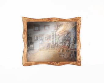 Wandspiegel mit Holzrahmen, Holzspiegel Unikat handgefertigt aus Fichte 40x50 cm, rustikaler Naturholz Spiegelrahmen mit organischer Form