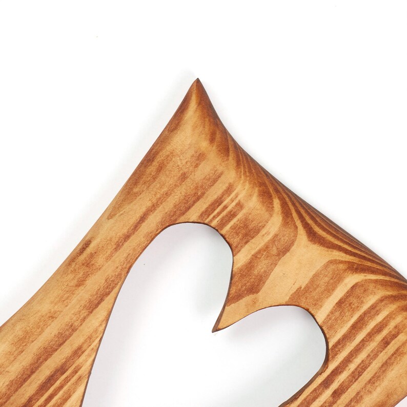 May include: Close-up of a wooden heart-shaped cutout. The wood has a warm, brown tone with visible grain patterns. The cutout is set against a white background, highlighting the natural wood texture and shape.