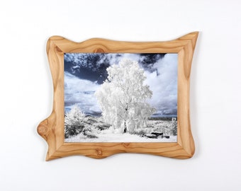 Infrared landscape photography in a natural wood picture frame, handmade larch 24 x 30 cm, unique