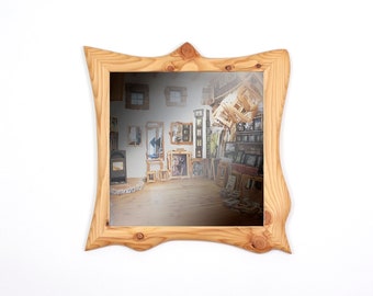 Wooden mirror, square wall mirror in a wooden frame made of larch 30 x 30 cm, a handmade unique piece