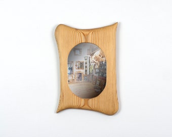 Oval natural wood mirror, small wall mirror in wooden frame made of pine 13 x 18 cm, handmade, unique