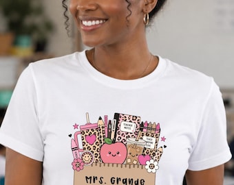 Personalized Teacher Leopard Coquette Bow Shirt, Custom Teacher Name Shirt Design, School Supplies Coquette Teacher Graphic