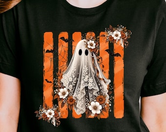Halloween Lace Ghost Shirt, Ghost Bow Crewneck, Coquette Halloween Sweater, Spooky Fall Floral Sweatshirt, Cute Ghost Lovers Tee