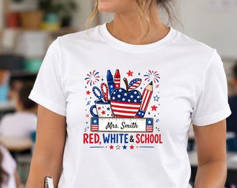 USA Teacher Shirt, Custom Teacher  Gift, Custom Grade Level Teacher Shirt, Patriotic Pennant Back To School Tee, All American Teacher Shirt