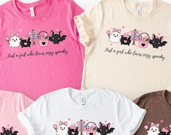 Just A Girl Who Loves Spooky Season Shirt, Coffee Shirt, Pumpkin Shirt, Coquette Shirt, Cozy Vibes Shirt, Fall Lover Tee, Autumn Tee