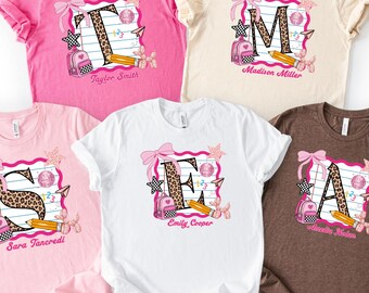 Personalized Back to School Shirt, Custom Initial Name Tee for Girls, Ava Shirt, Preppy Leopard School Shirt, First Day Outfit