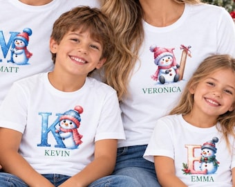 Personalized Family Christmas T-Shirts: Snowman Initials, Holiday Matching Outfits, Custom Letter Sweatshirts