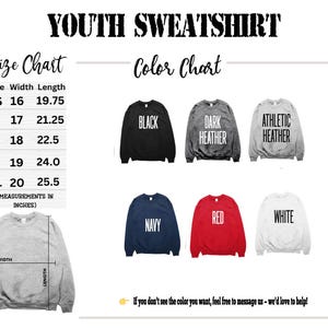 The image is a size chart and color chart for a youth sweatshirt, providing measurements and color options for different sizes.