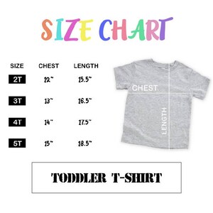 The image is a size chart for a gray t-shirt, with measurements for different age groups, including 2T, 3T, 4T, and 5T. The chart also includes a picture of a gray t-shirt and the text "TODDLER T-SHIRT".