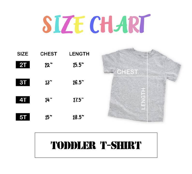 The image is a size chart for a gray t-shirt, with measurements for different age groups, including 2T, 3T, 4T, and 5T. The chart also includes a picture of a gray t-shirt and the text "TODDLER T-SHIRT".