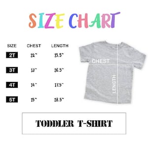The image is a size chart for a gray t-shirt, with measurements for different age groups, including 2T, 3T, 4T, and 5T. The chart also includes a picture of a gray t-shirt and the text "TODDLER T-SHIRT".
