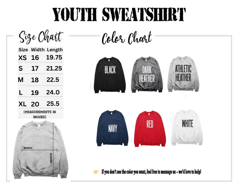 The image is a size chart and color chart for a youth sweatshirt, providing measurements and color options for different sizes.