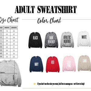 The image is an adult sweatshirt size chart and color chart, displaying various color options and corresponding sizes for the sweatshirt.