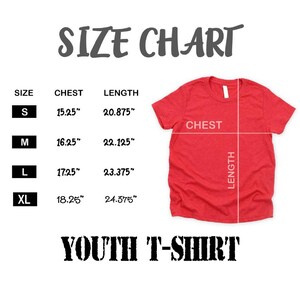 The image is a size chart for a red youth t-shirt, providing measurements for chest, length, and waist.